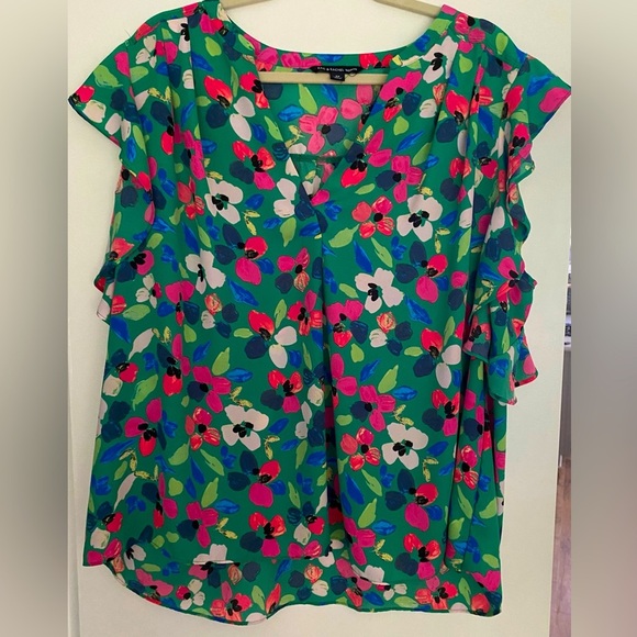 Zac & Rachel Blouse Women's 2X Green Pink Floral V-Neck Ruffle Sleeves Shirt Top - Picture 1 of 6